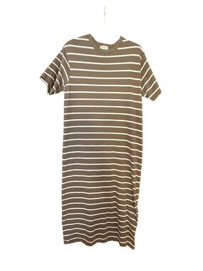 AYR The Practice Dress Large Olive Green Ivory Stripe Cotton Midi T-Shirt Dress
